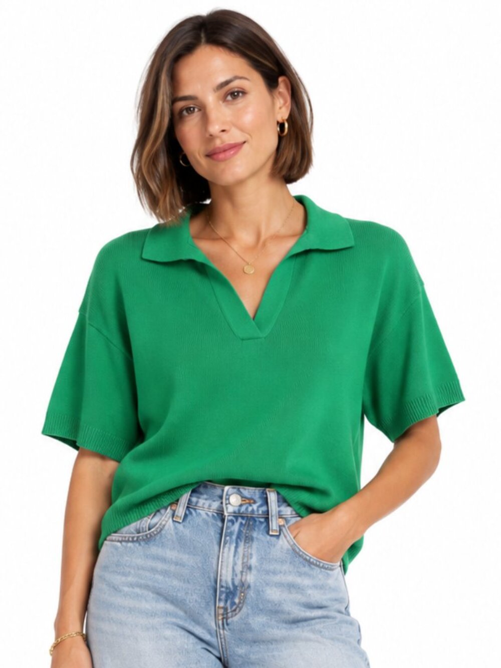 Cyrus Kelly Green Johnny Collar Short Sleeve Knit Sweater Polo Size S